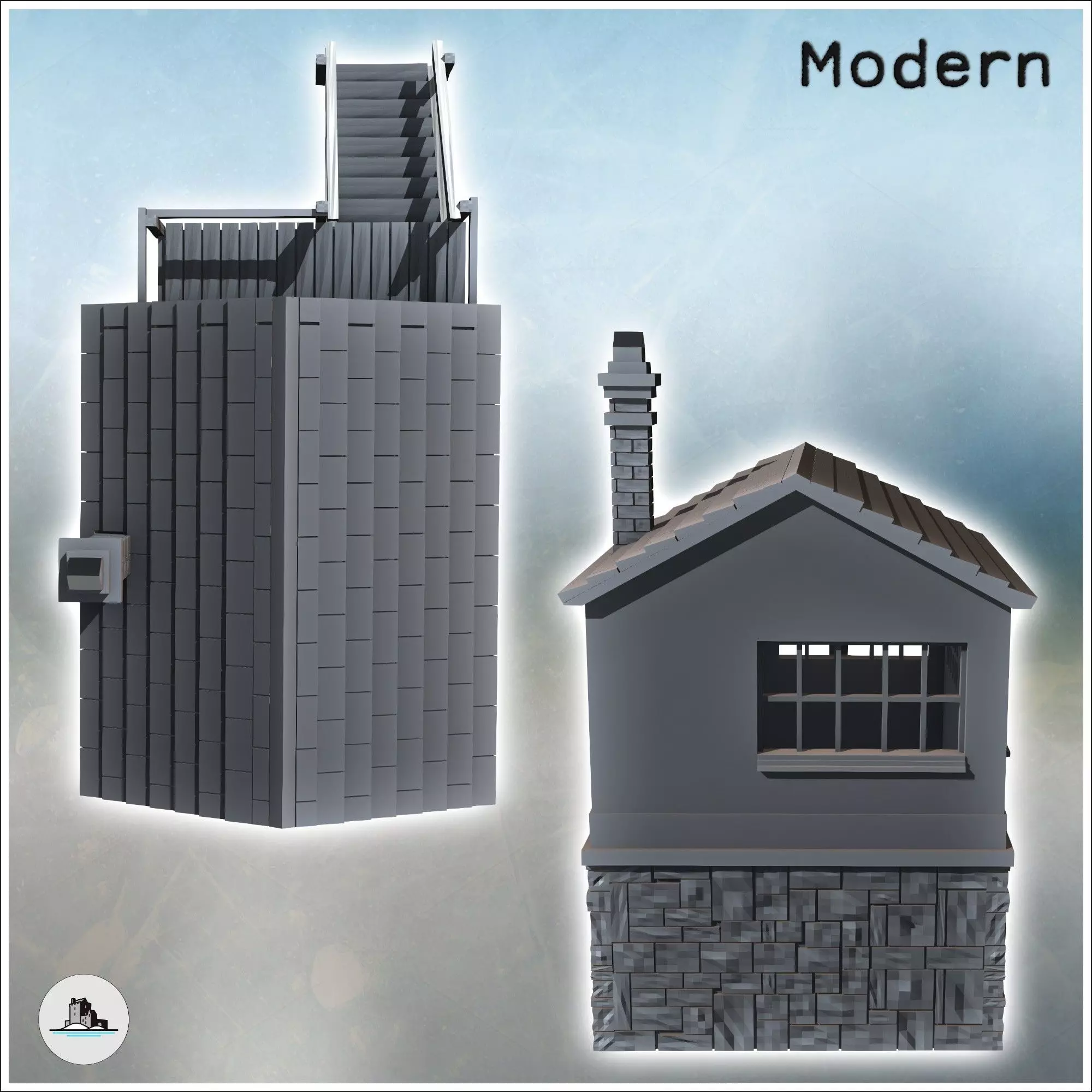 Modern building with access staircase to the first floor and cut 3D print model_3