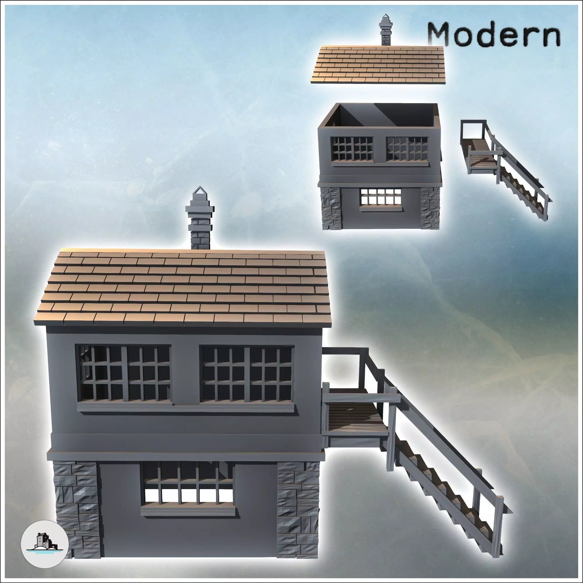 Modern building with access staircase to the first floor and cut 3D print model_2