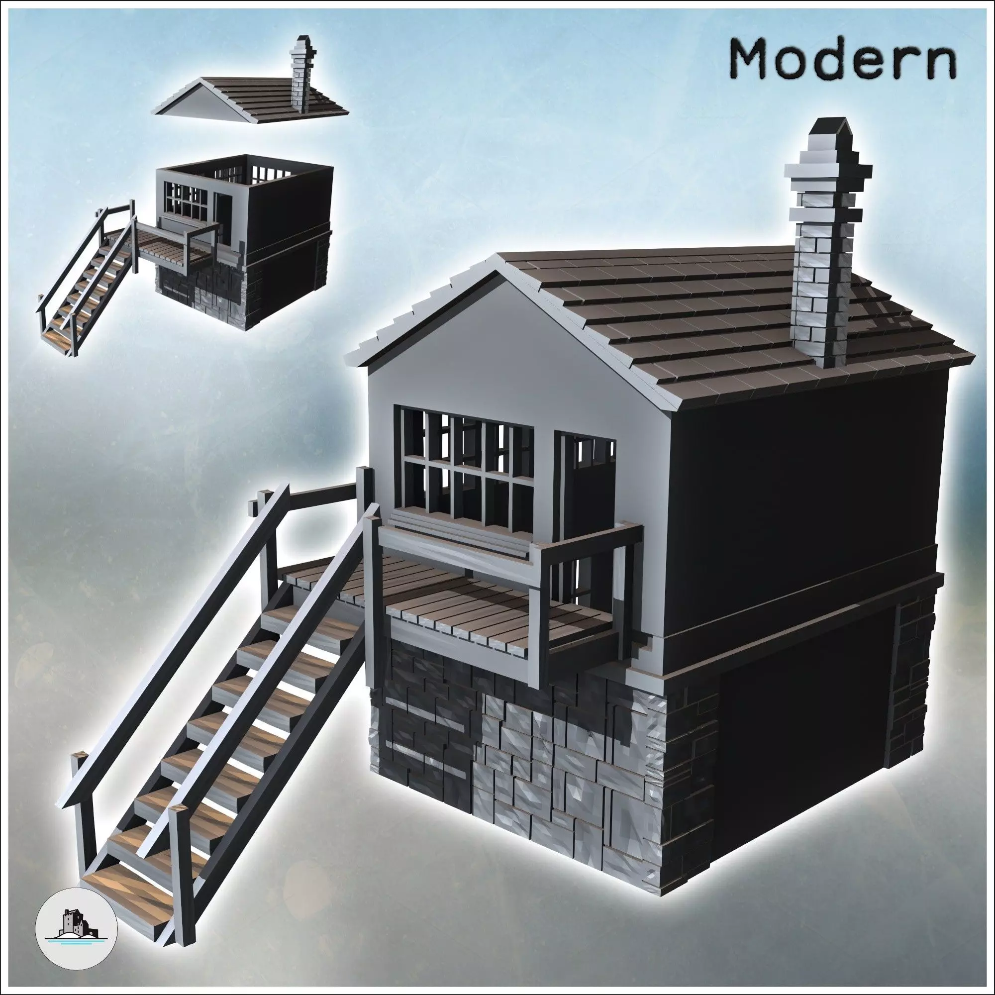 Modern building with access staircase to the first floor and cut 3D print model_0