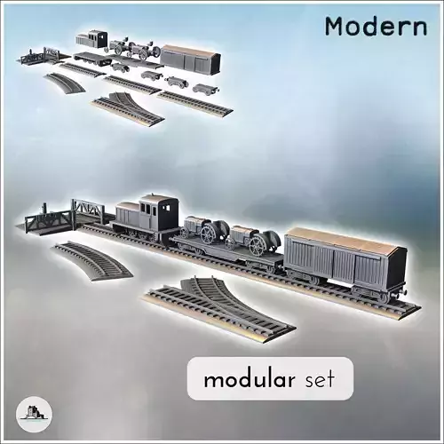 Set of modern trains with diesel locomotive platforms with tract