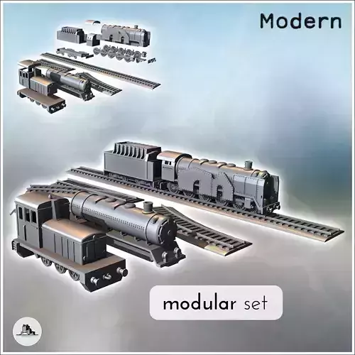 Set of steam and diesel locomotives with various types of tracks