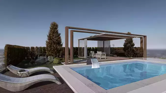 Modern Pool Lounge and Gazebo  Scene