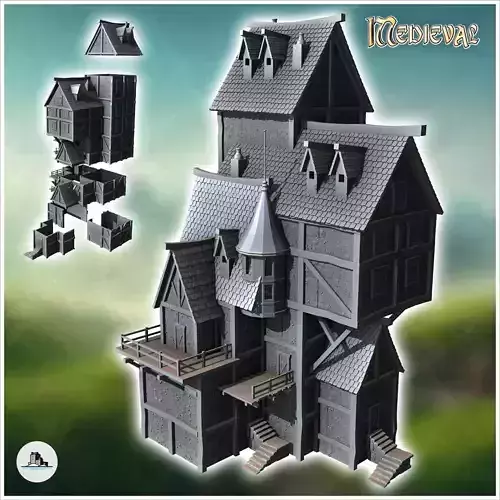 Large medieval building with round tower terrace and access stai