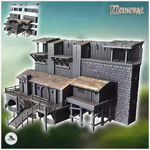 Medieval defensive wall with dwelling version with house and bel