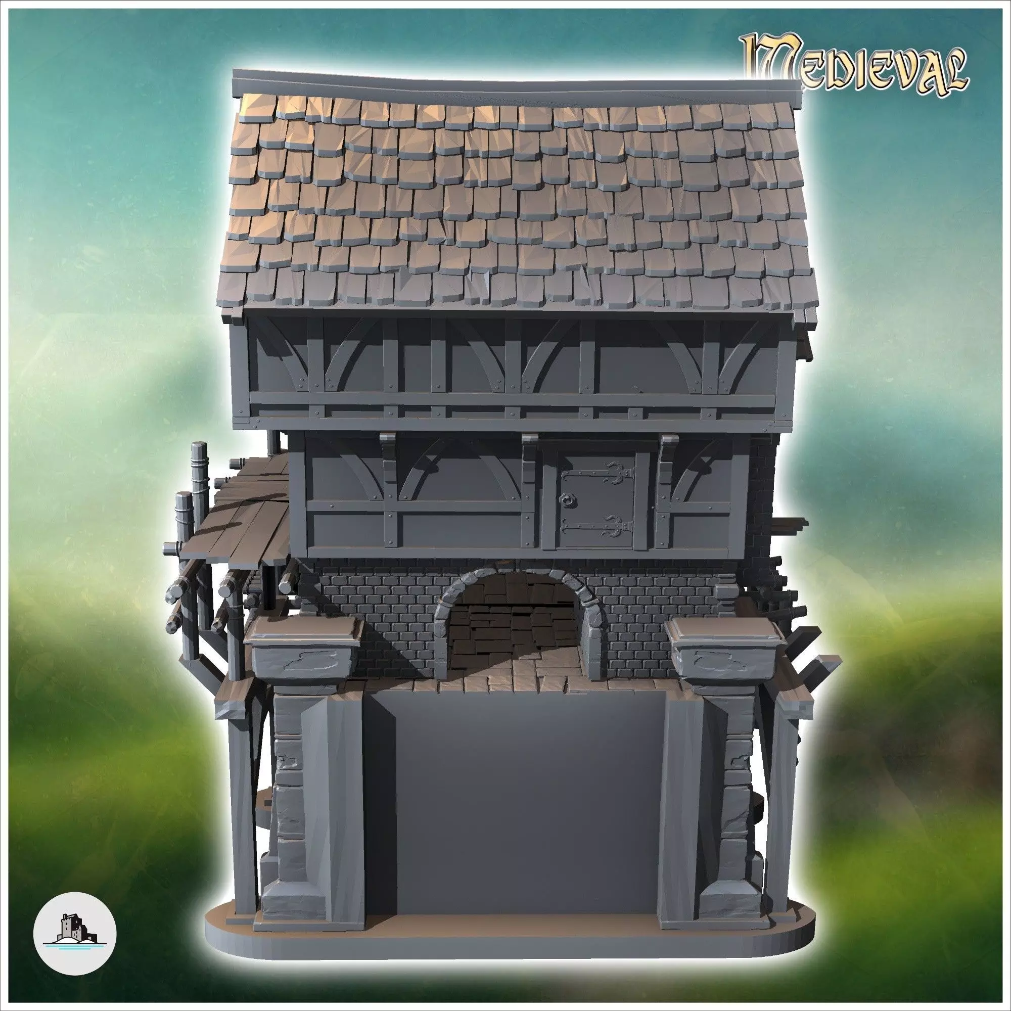 Medieval bridge set with houses statues cranes on stilts 12 - Me 3D print model_5