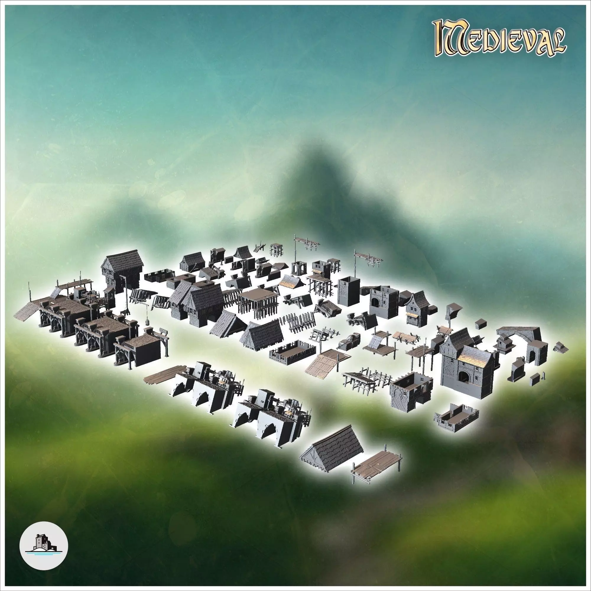 Medieval bridge set with houses statues cranes on stilts 12 - Me 3D print model_7