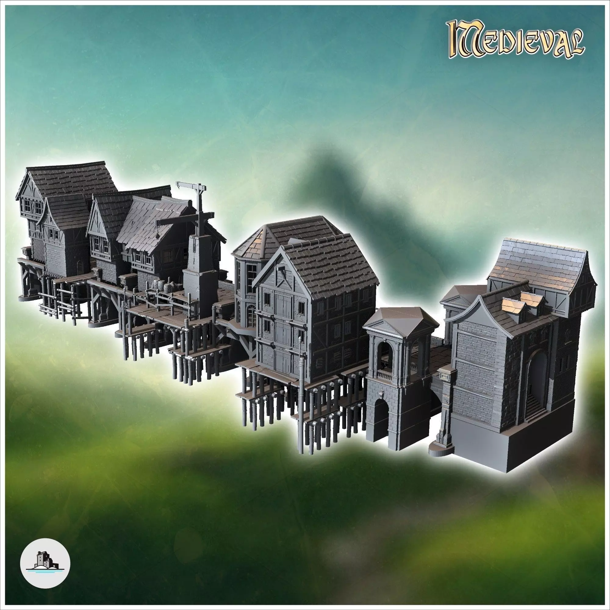 Medieval bridge set with houses statues cranes on stilts 12 - Me 3D print model_0