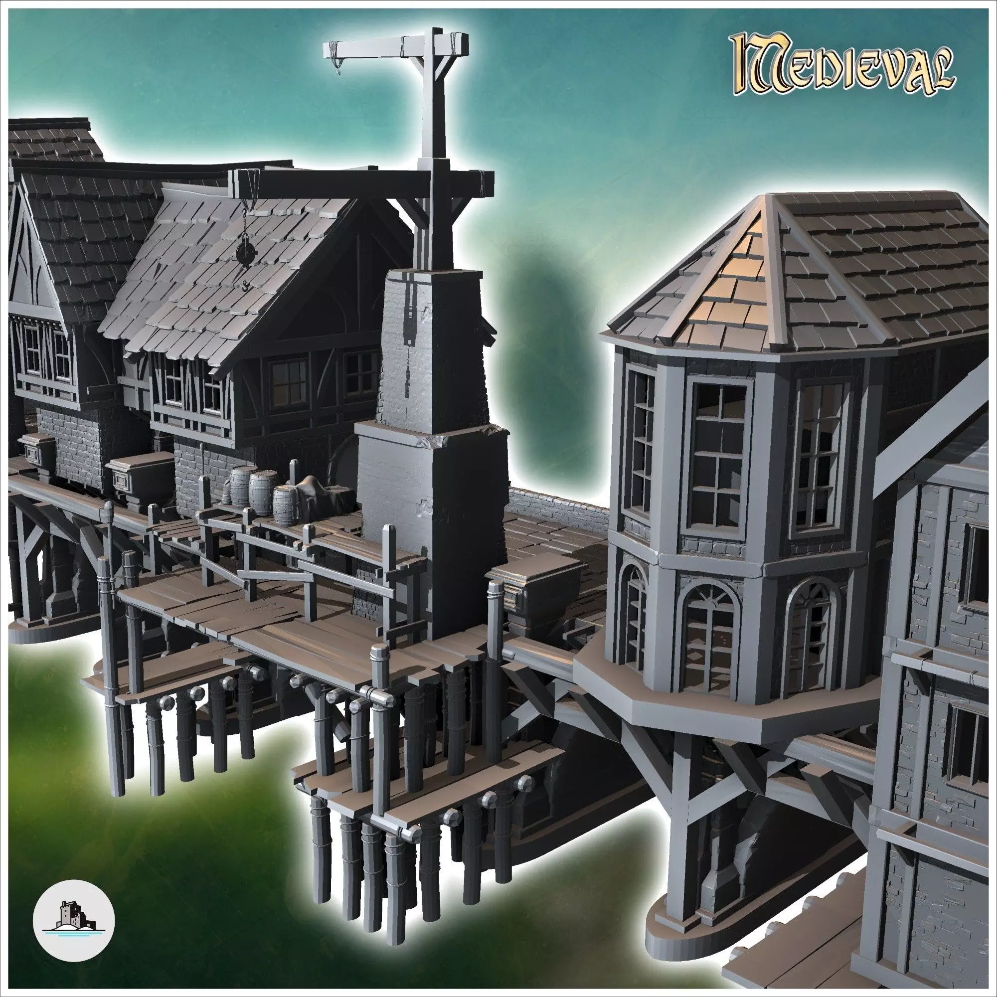 Medieval bridge set with houses statues cranes on stilts 12 - Me 3D print model_2