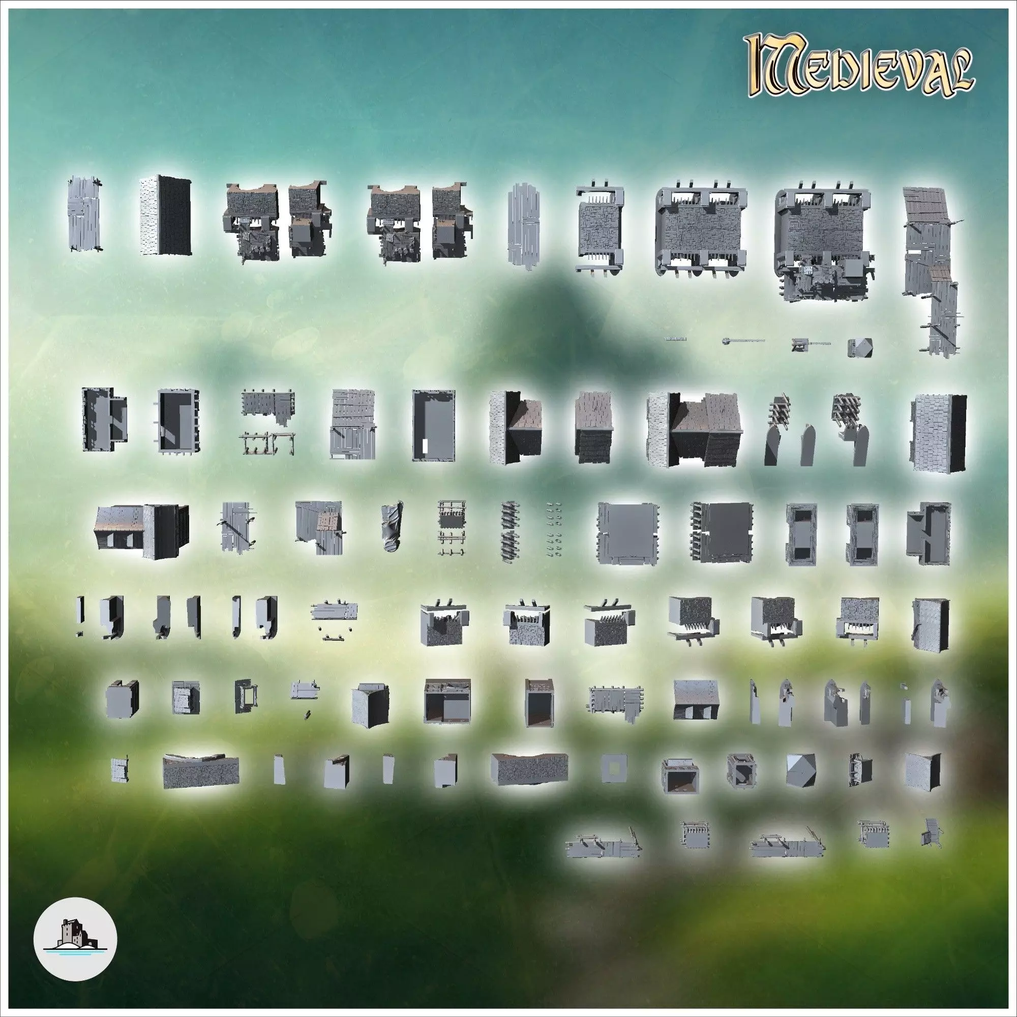 Medieval bridge set with houses statues cranes on stilts 12 - Me 3D print model_9