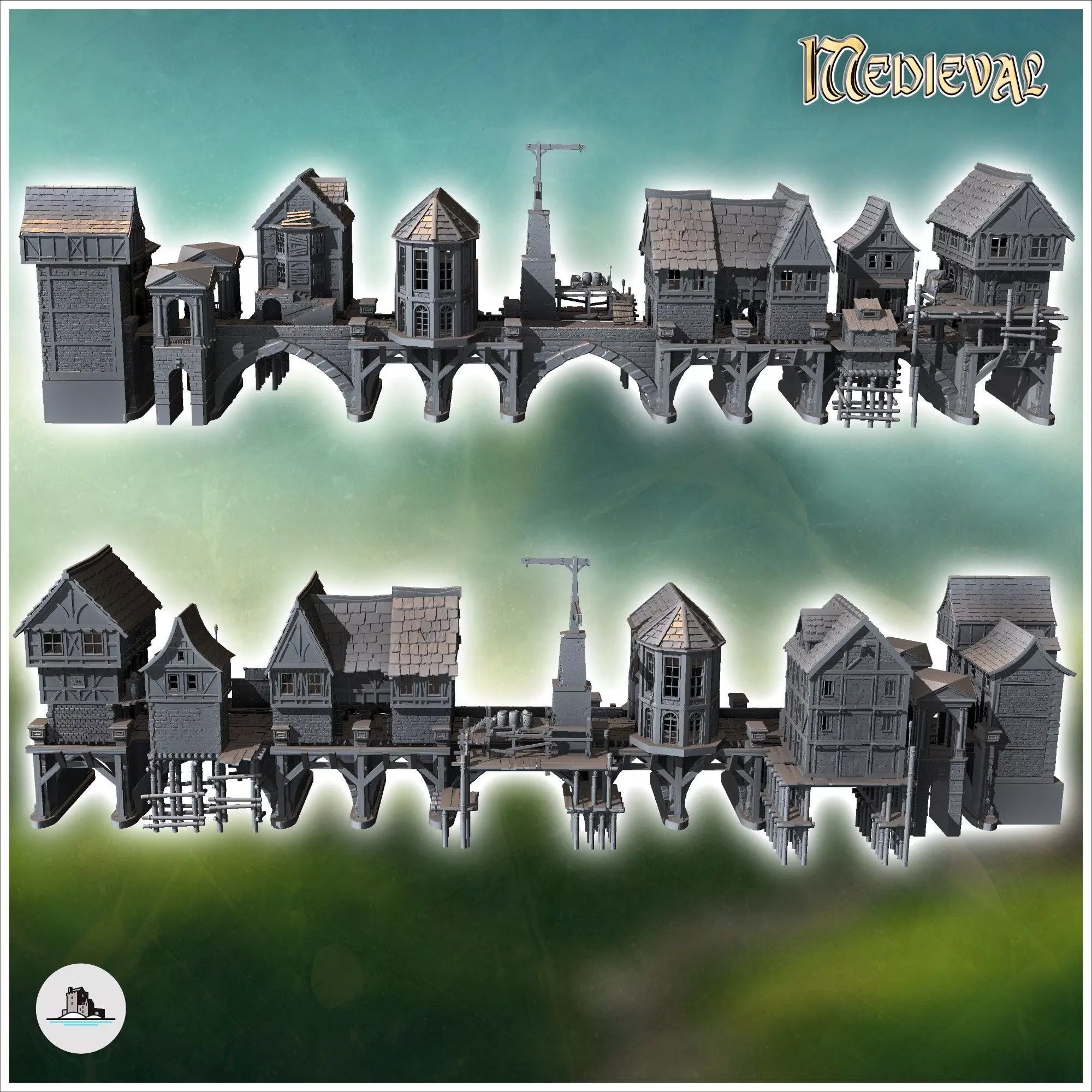 Medieval bridge set with houses statues cranes on stilts 12 - Me 3D print model_3