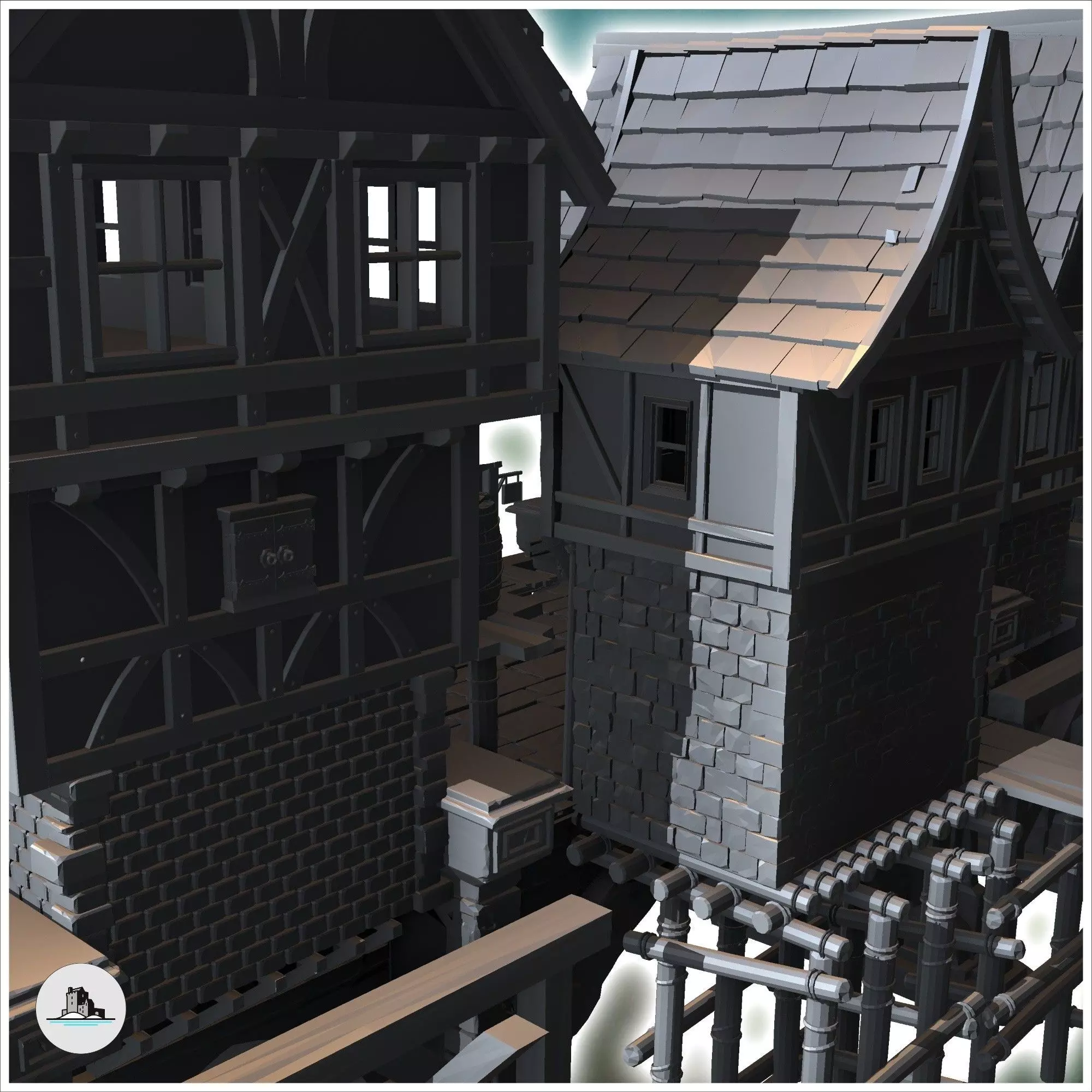 Medieval bridge set with houses statues cranes on stilts 12 - Me 3D print model_1