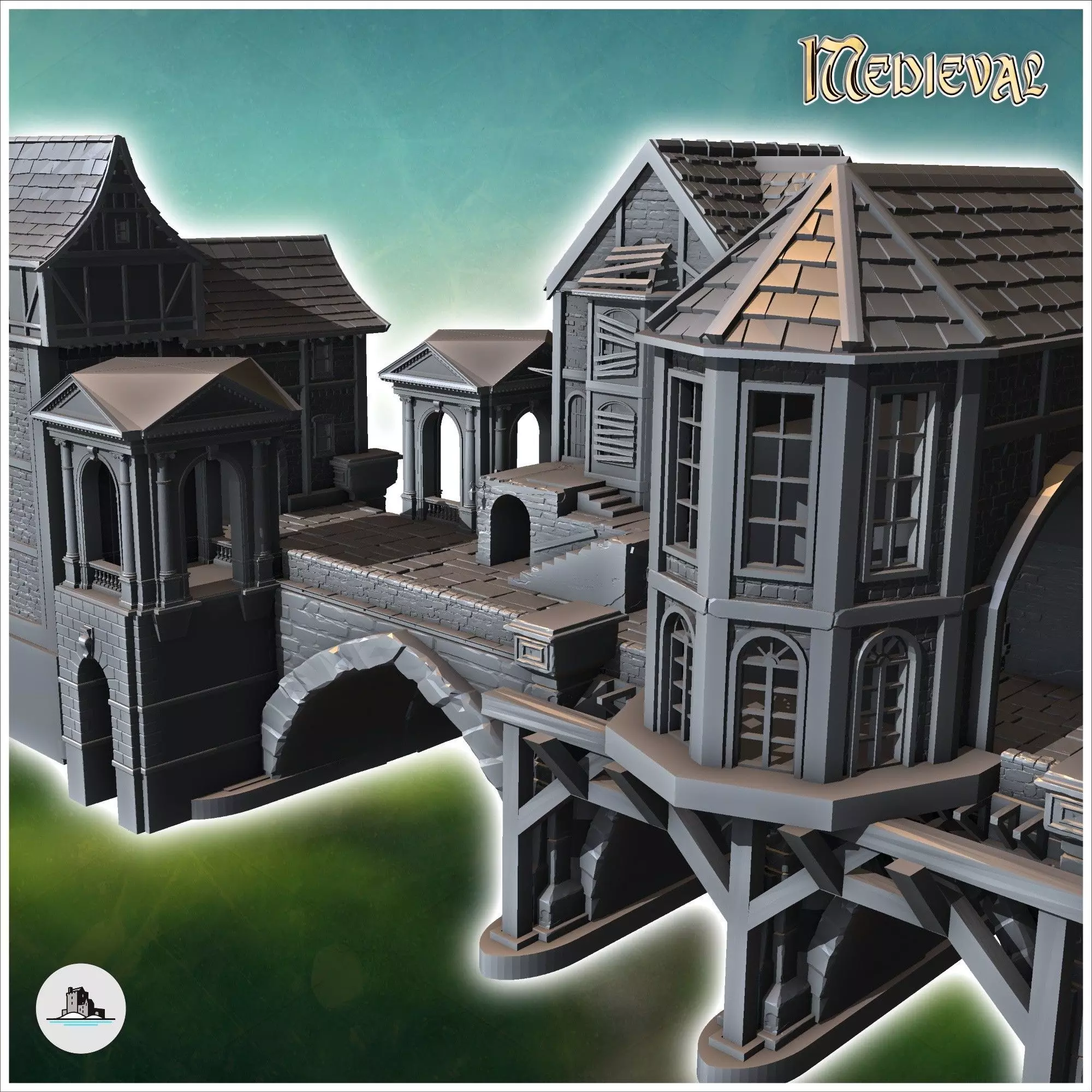 Medieval bridge set with houses statues cranes on stilts 12 - Me 3D print model_10