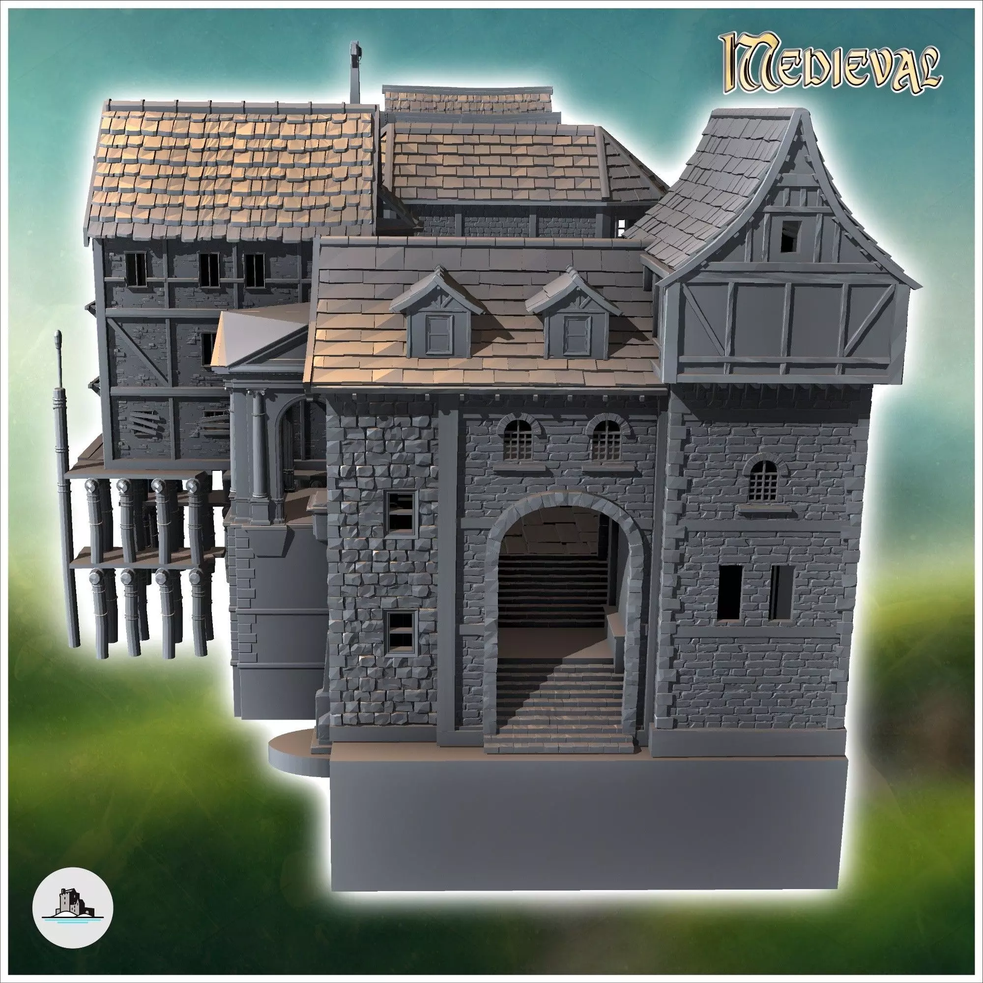 Medieval bridge set with houses statues cranes on stilts 12 - Me 3D print model_6