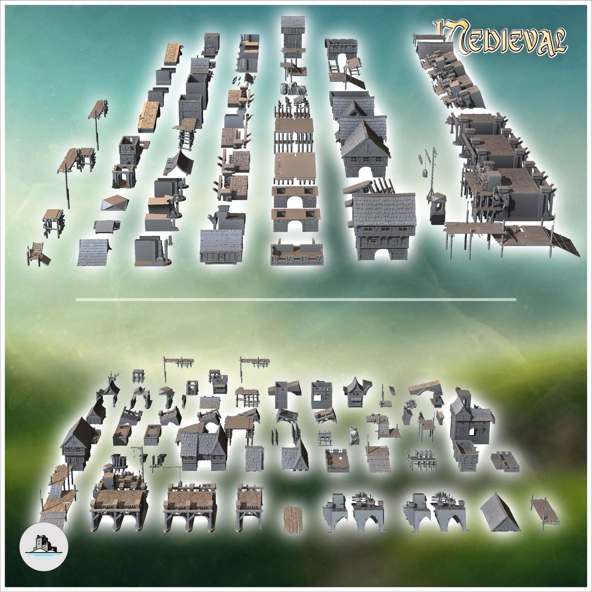 Medieval bridge set with houses statues cranes on stilts 12 - Me 3D print model_8