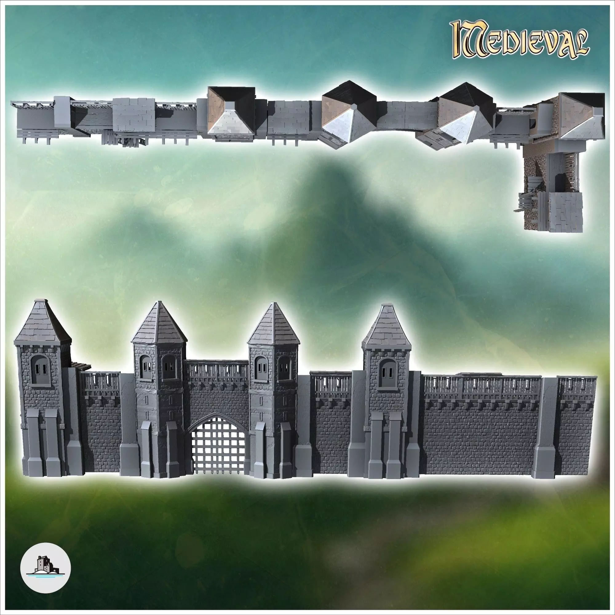 Modular set of medieval defensive walls with wooden towers and w 3D print model_3
