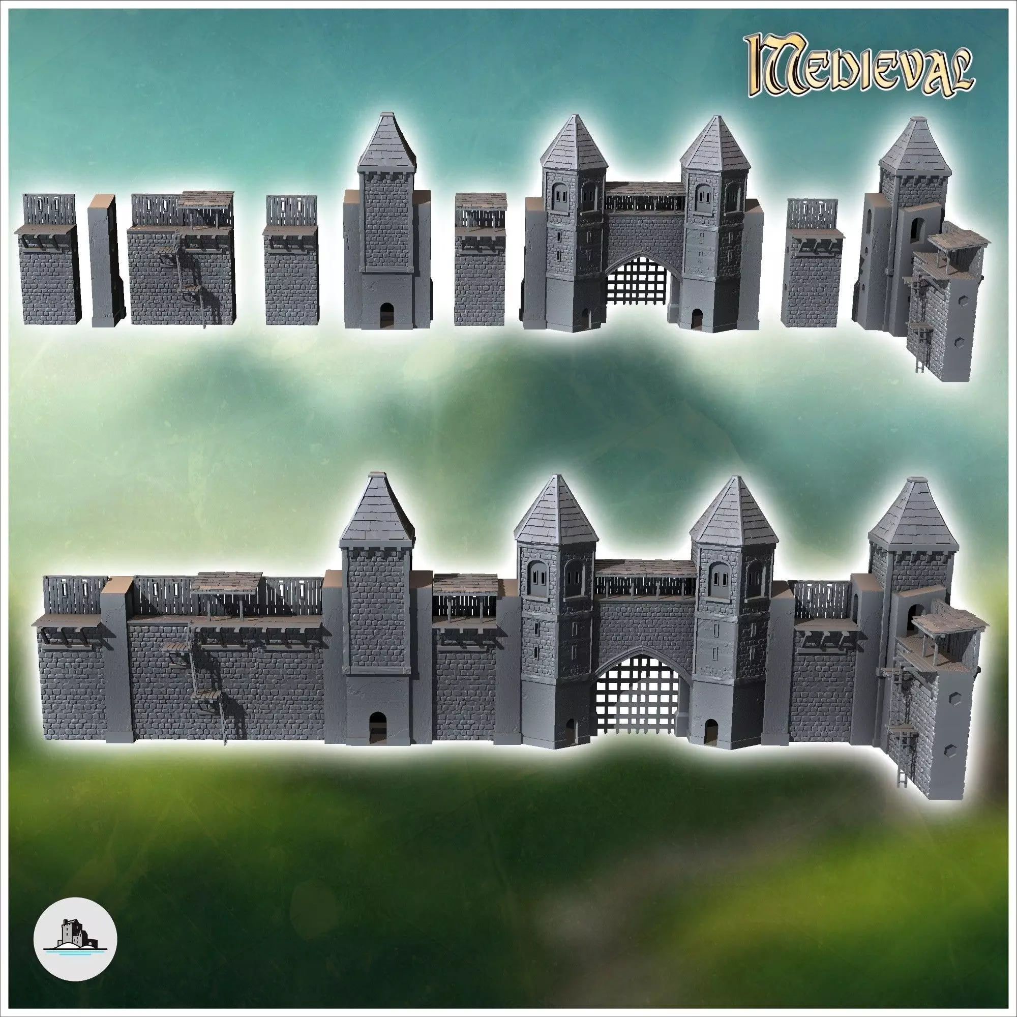 Modular set of medieval defensive walls with wooden towers and w 3D print model_1