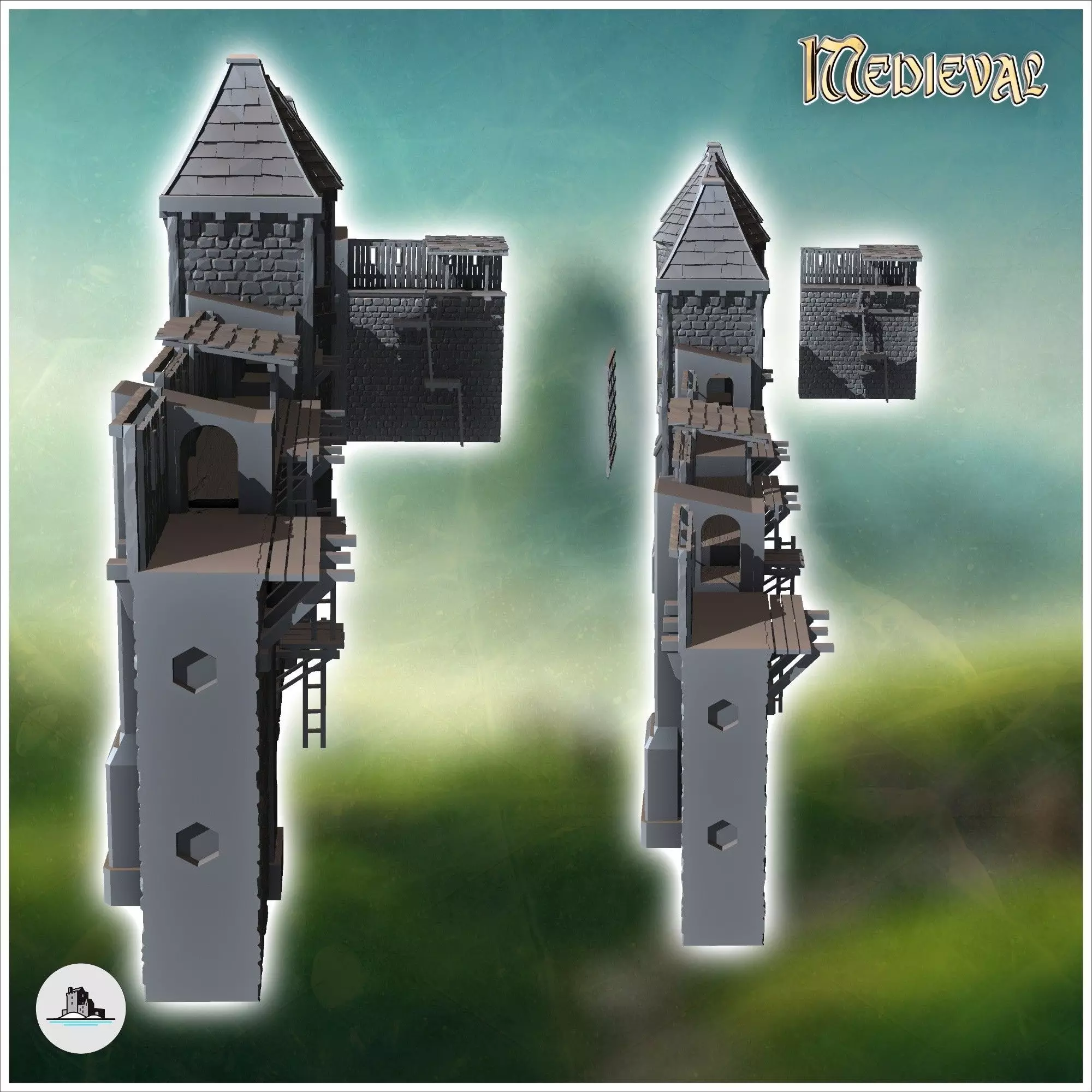 Modular set of medieval defensive walls with wooden towers and w 3D print model_2