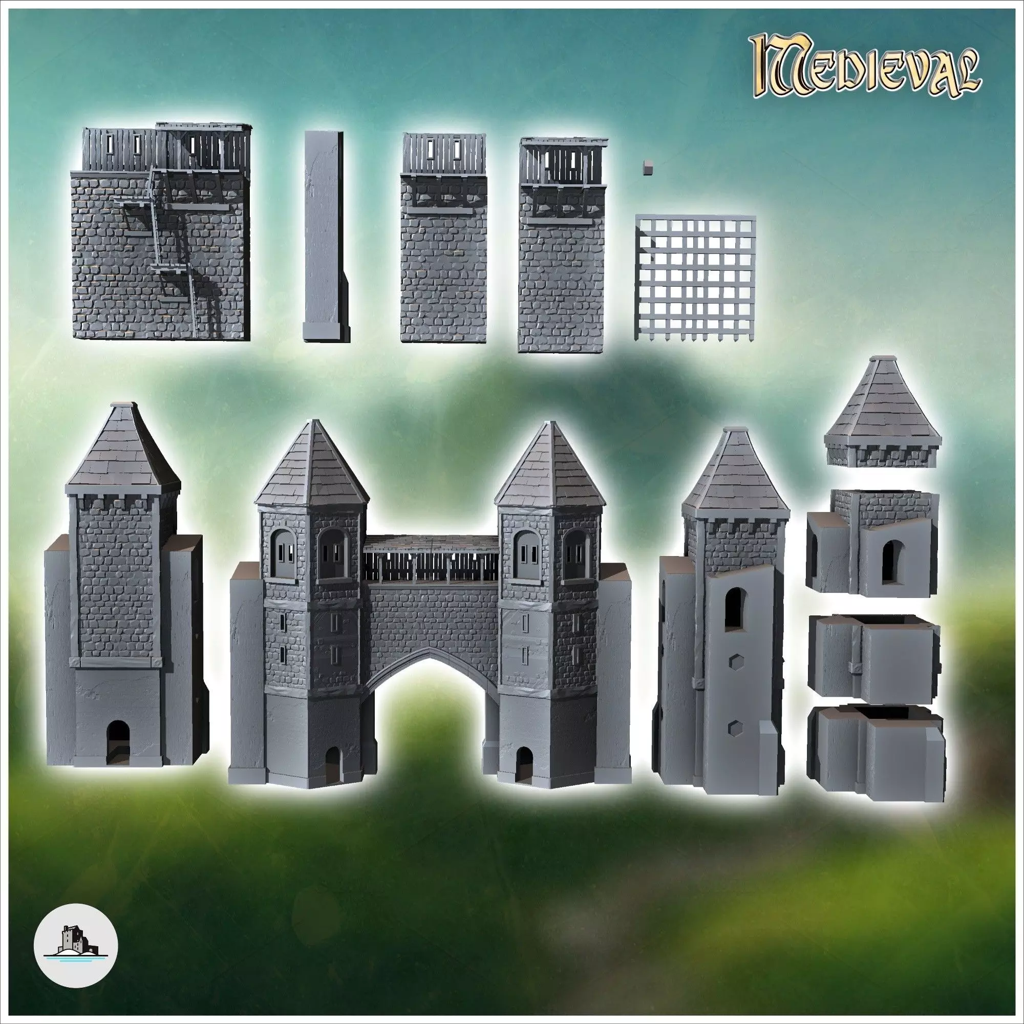 Modular set of medieval defensive walls with wooden towers and w 3D print model_5