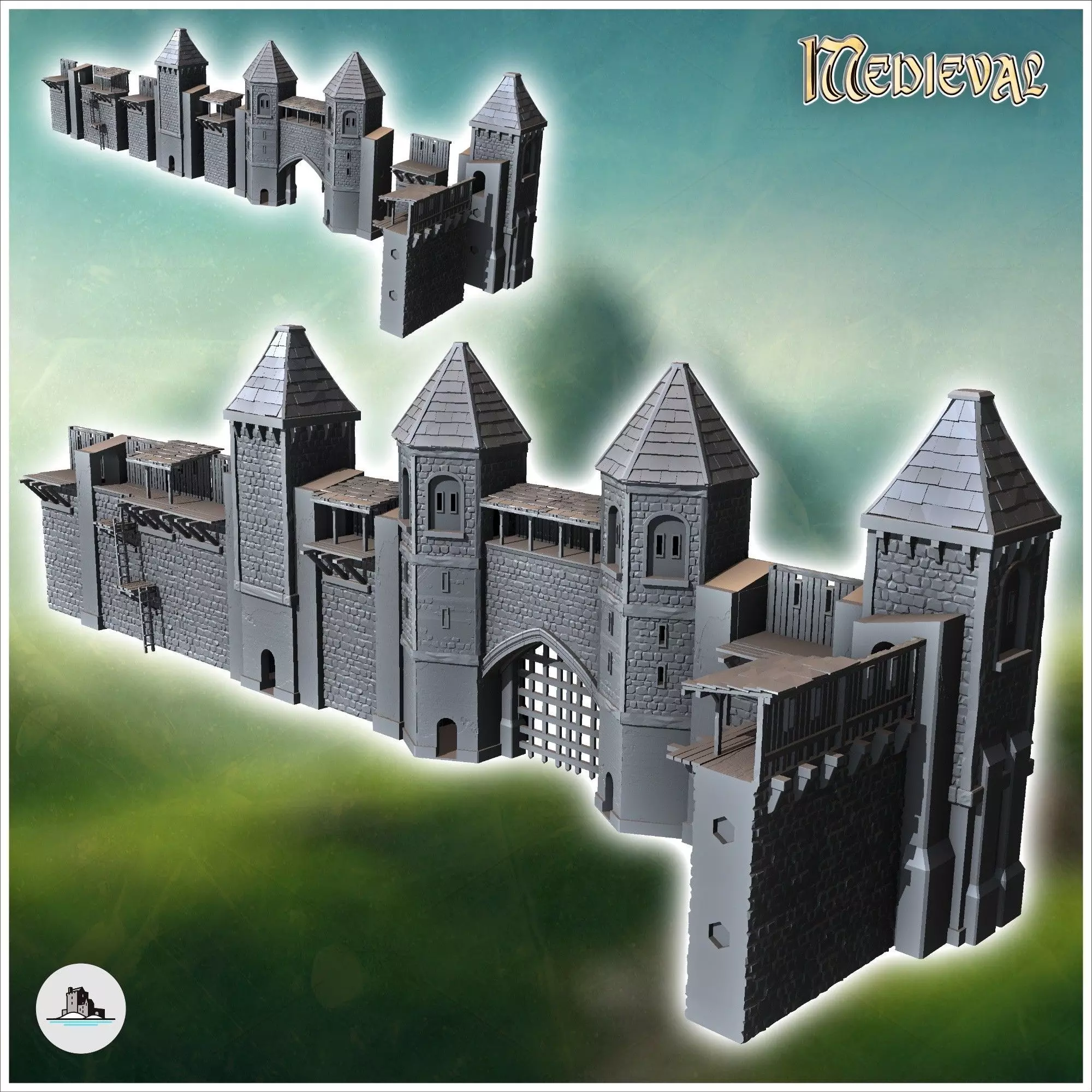Modular set of medieval defensive walls with wooden towers and w 3D print model_0