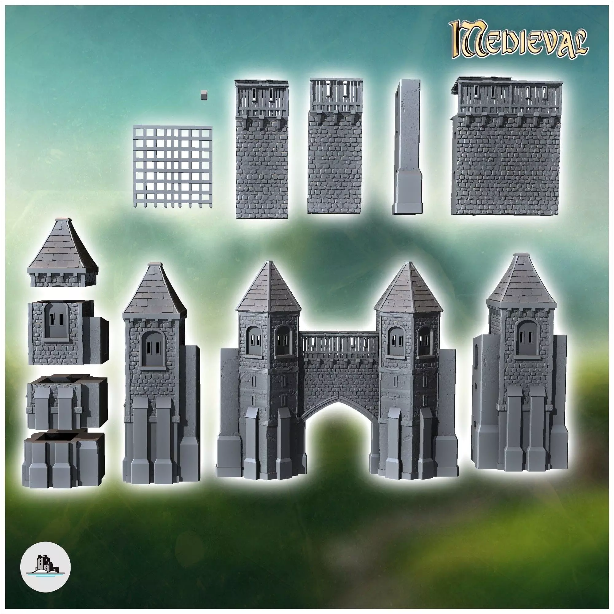Modular set of medieval defensive walls with wooden towers and w 3D print model_6