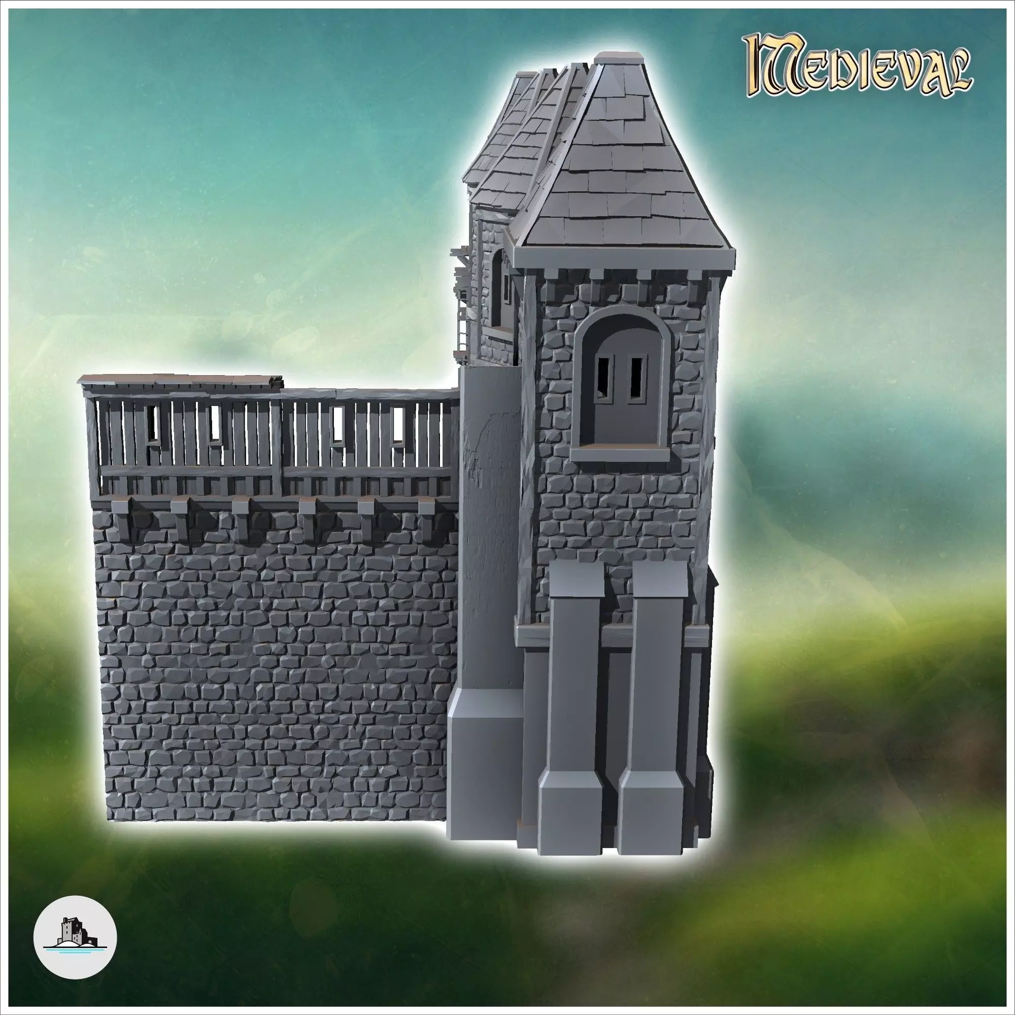 Modular set of medieval defensive walls with wooden towers and w 3D print model_4