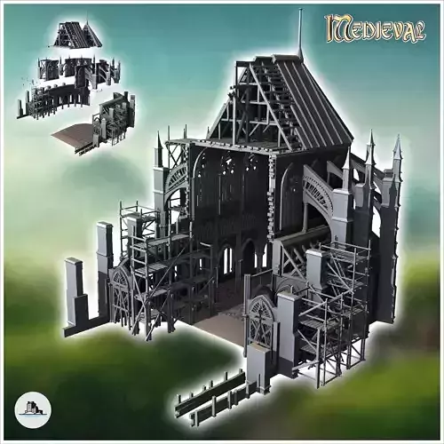 Medieval Gothic cathedral under construction with wooden scaffol