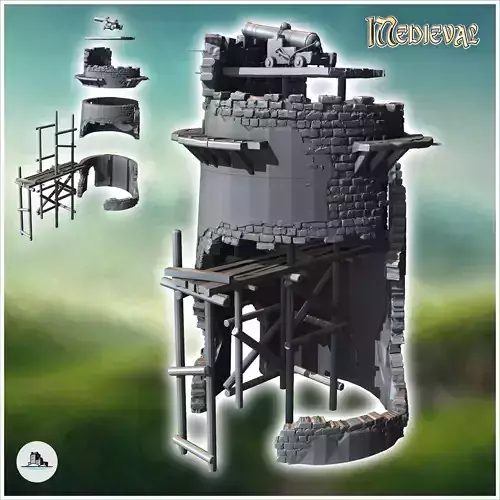 Stone defense tower with ruined cannon with scaffolding 19 - Med