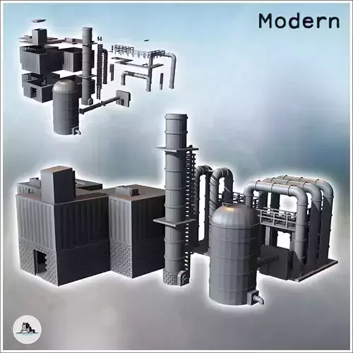 Industrial building set with storage silo and ventilation chimne