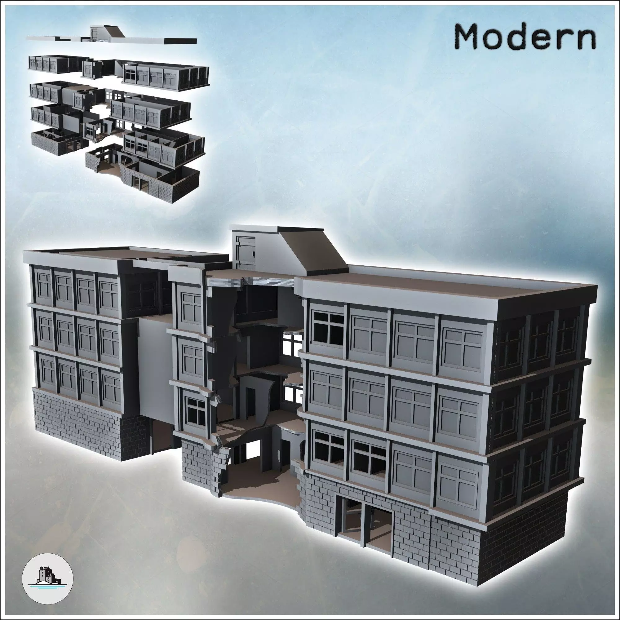Modern Flat Roof Hospital with Wave Architecture Destroyed Versi 3D print model_0