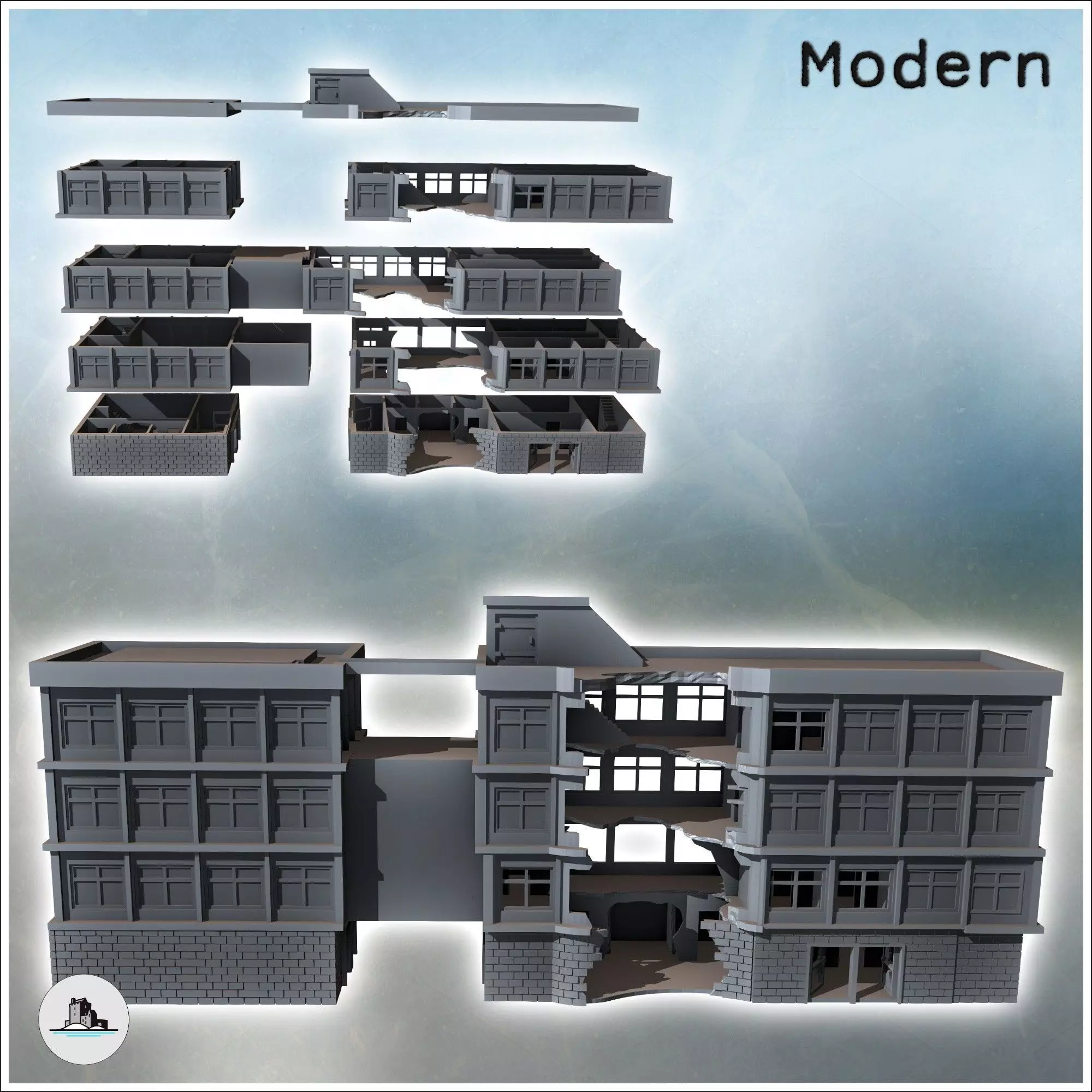 Modern Flat Roof Hospital with Wave Architecture Destroyed Versi 3D print model_1