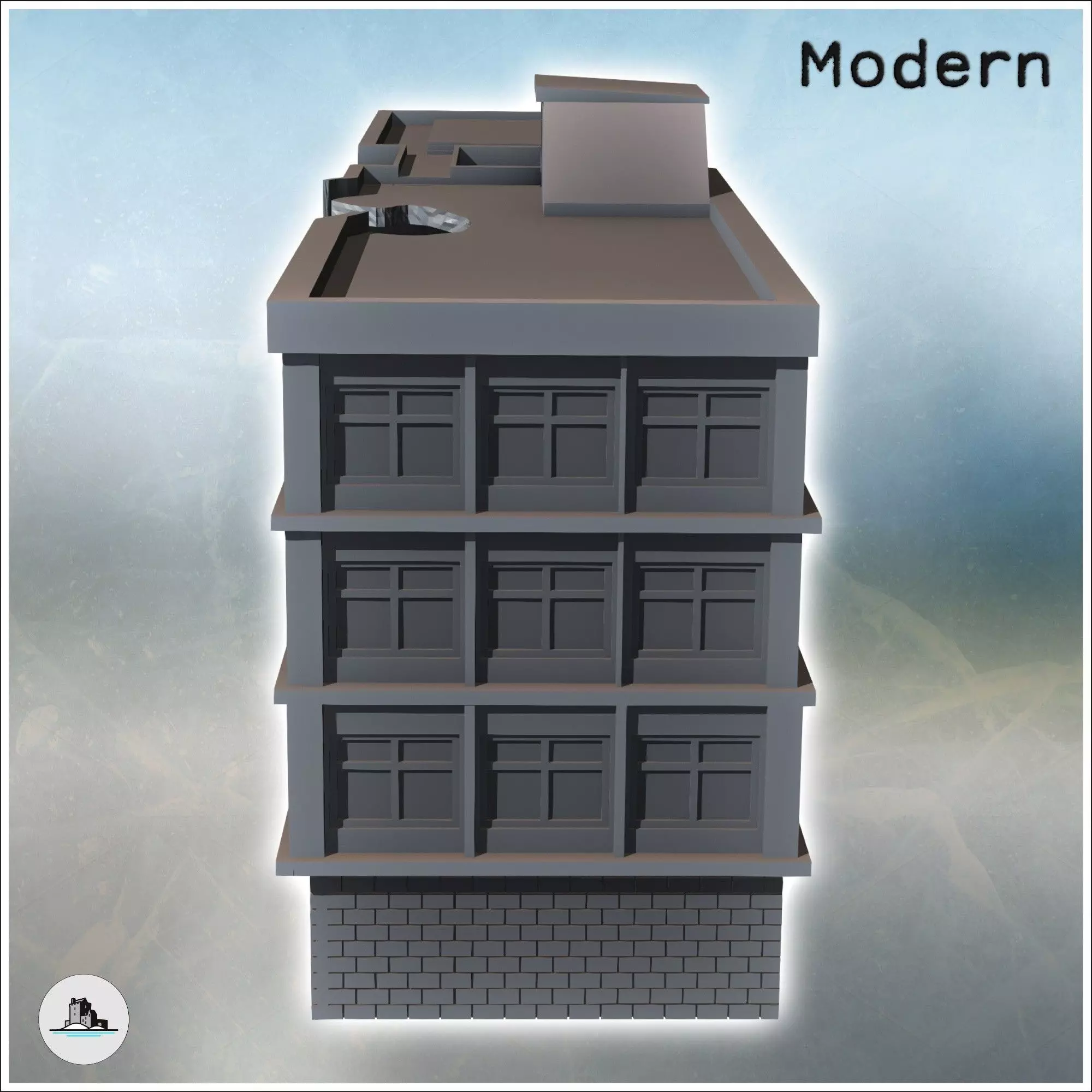 Modern Flat Roof Hospital with Wave Architecture Destroyed Versi 3D print model_4