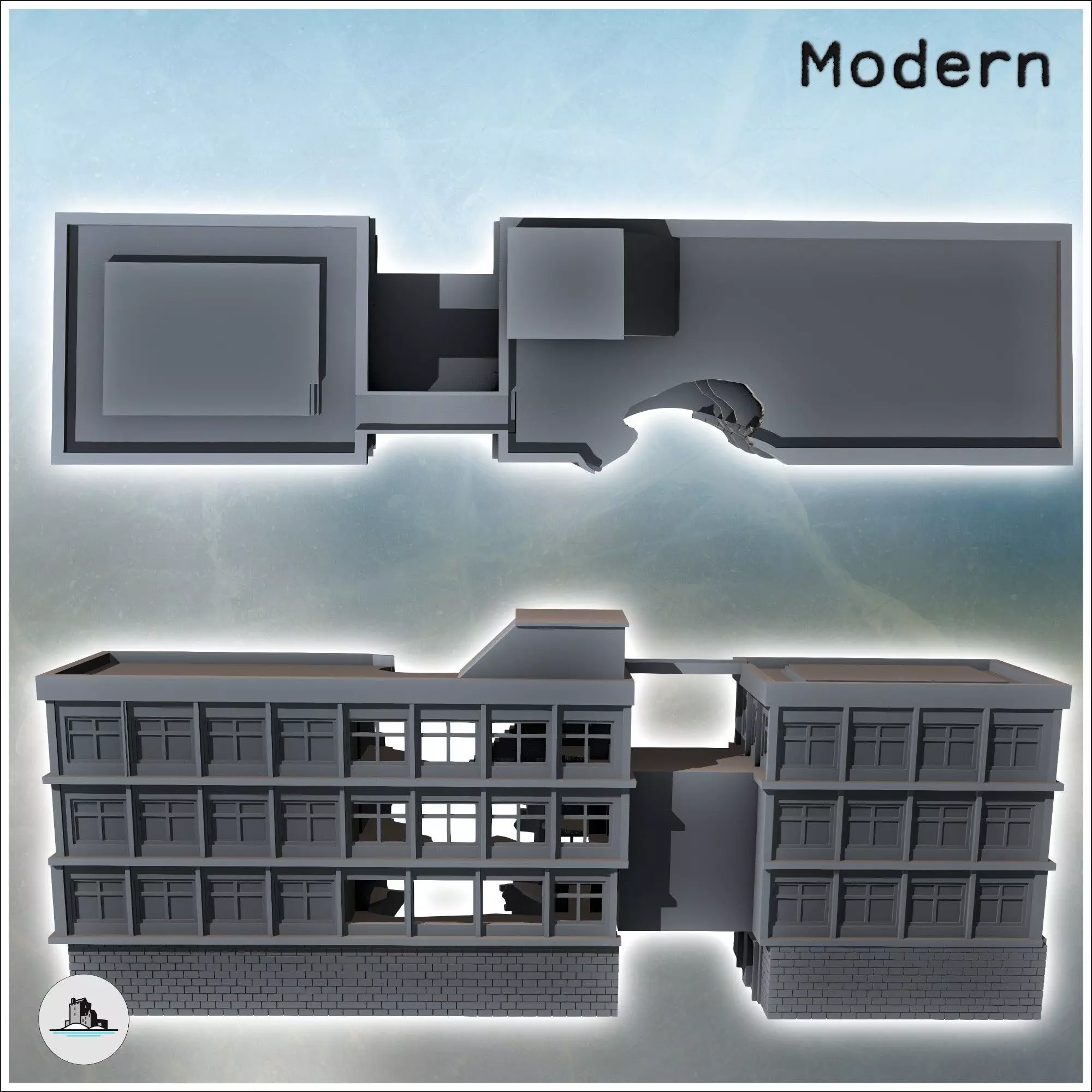 Modern Flat Roof Hospital with Wave Architecture Destroyed Versi 3D print model_3