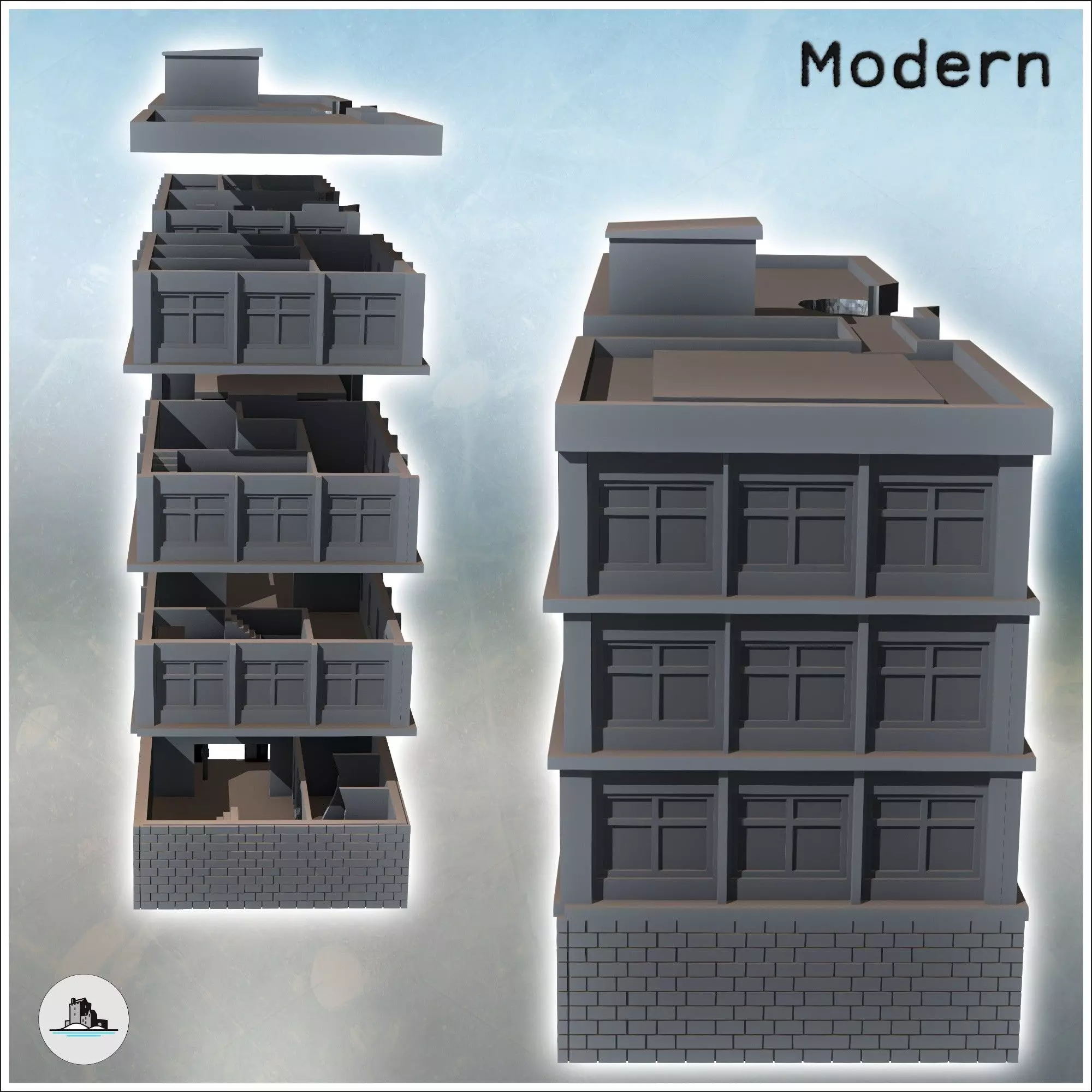 Modern Flat Roof Hospital with Wave Architecture Destroyed Versi 3D print model_2