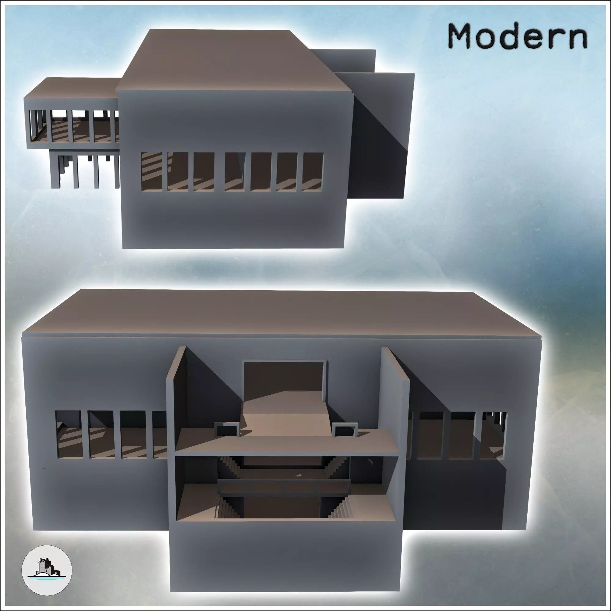 Modern flat-roofed building with internal staircase and raised a 3D print model_3