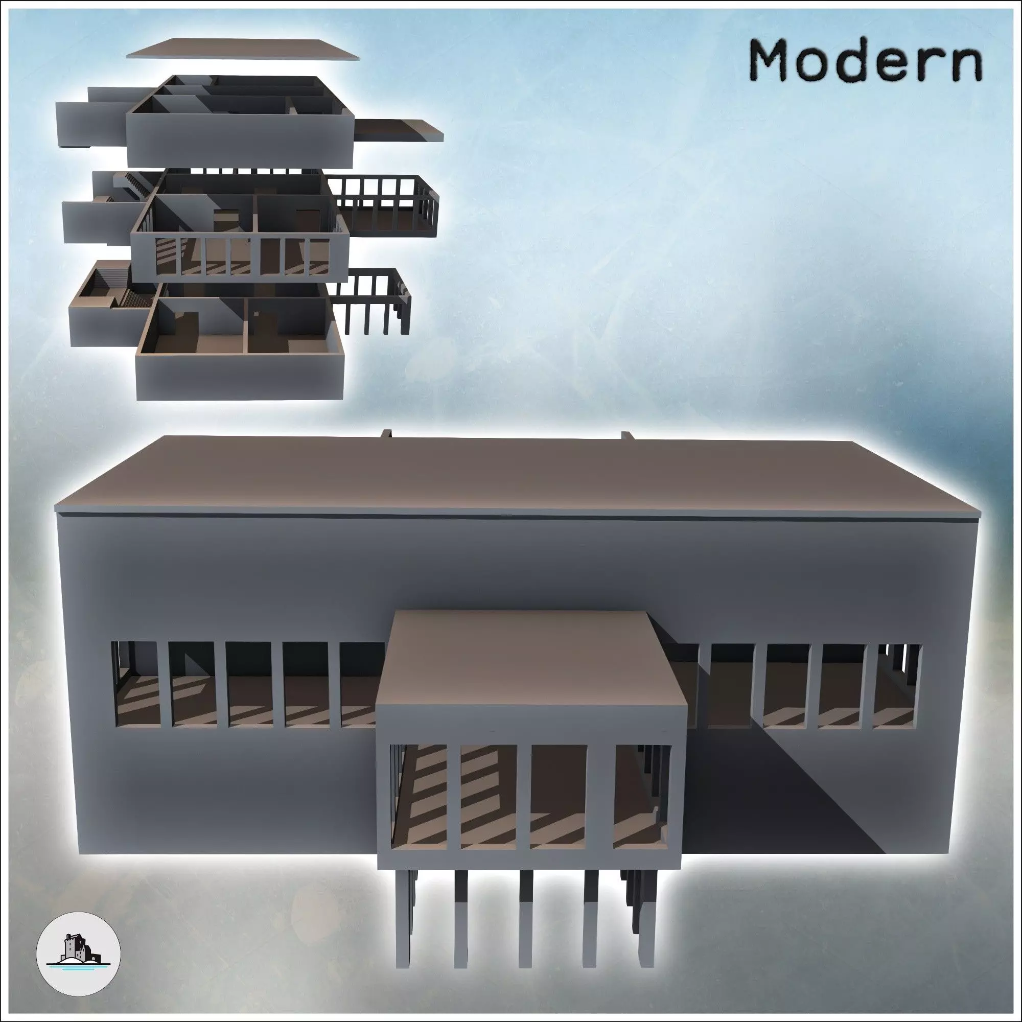 Modern flat-roofed building with internal staircase and raised a 3D print model_1