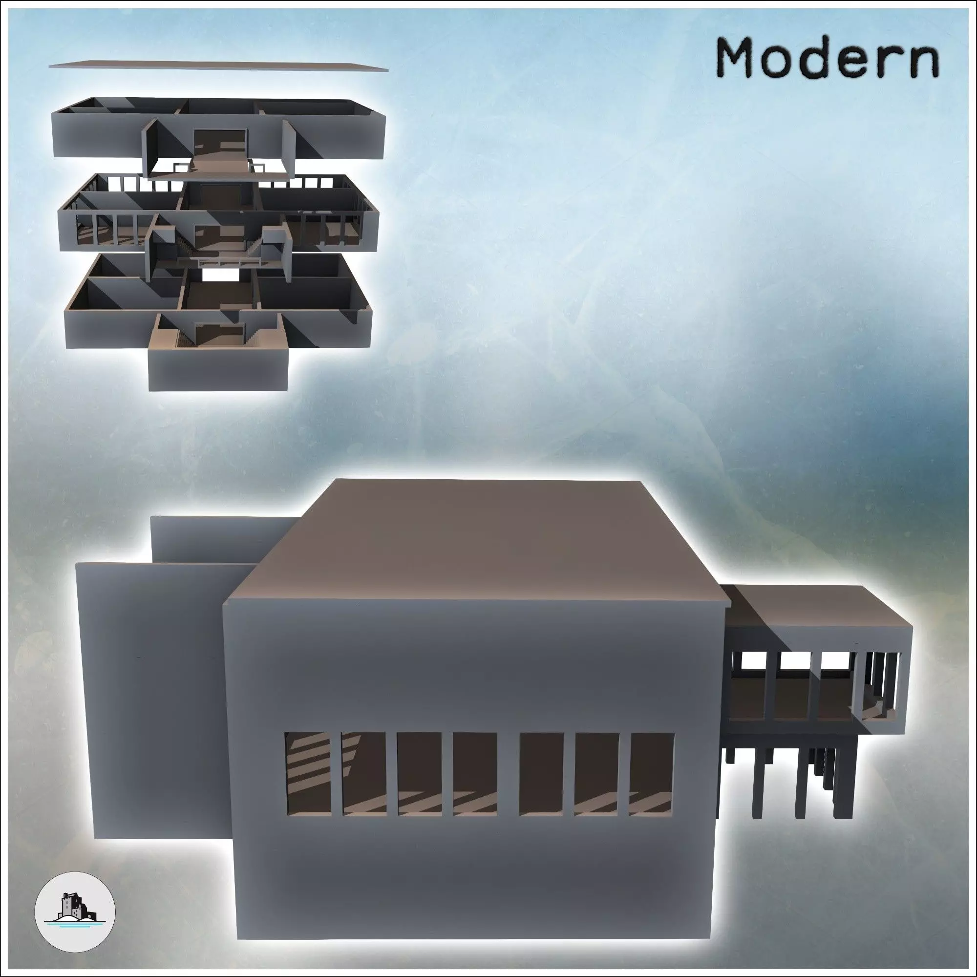 Modern flat-roofed building with internal staircase and raised a 3D print model_2