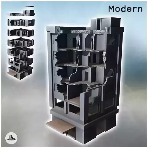 Modern flat roof building with platform with destroyed awning 23