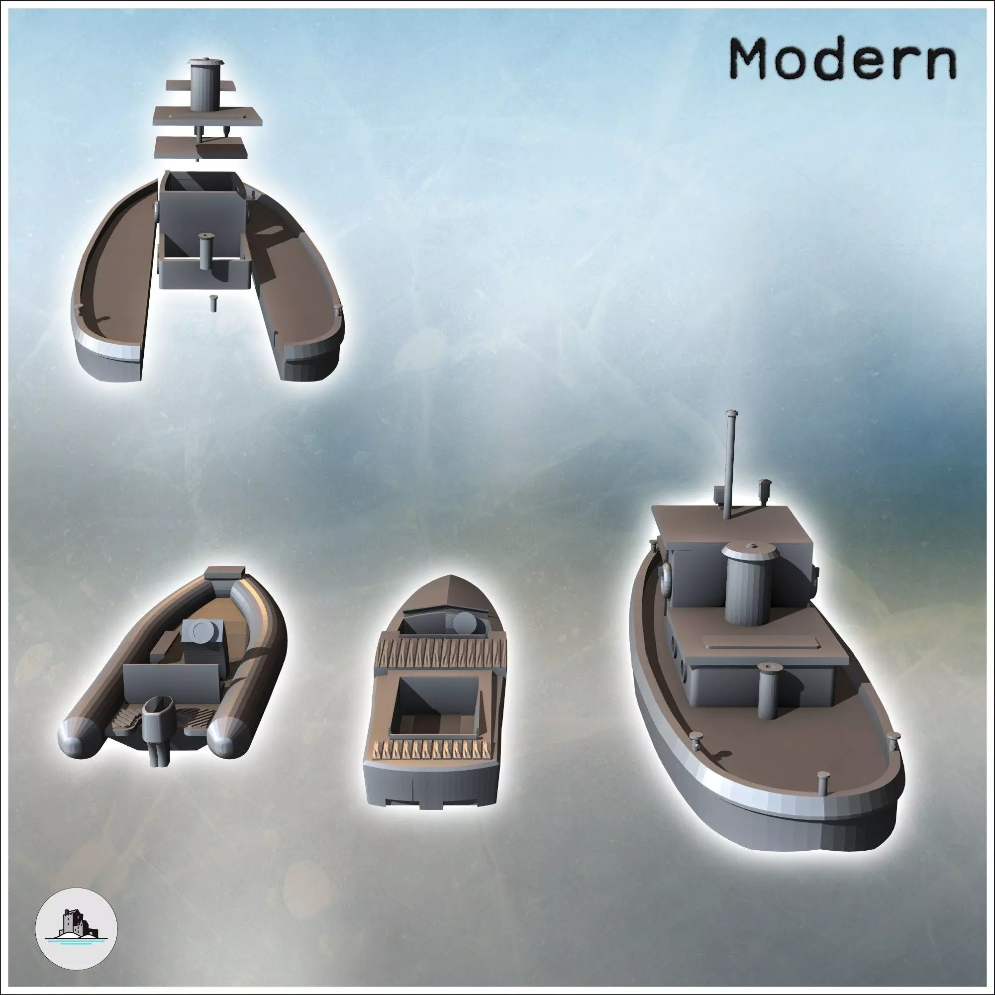 Set of three boats with canoe and ship 1 - Modern WW2 WW1 World 3D print model_3