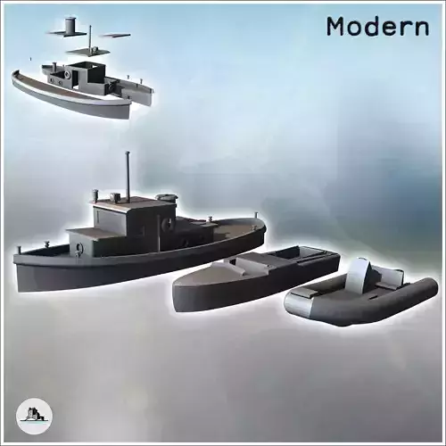Set of three boats with canoe and ship 1 - Modern WW2 WW1 World 3D print model Set of three boats with canoe and ship 1 - Modern WW2 WW1 World 3D print model