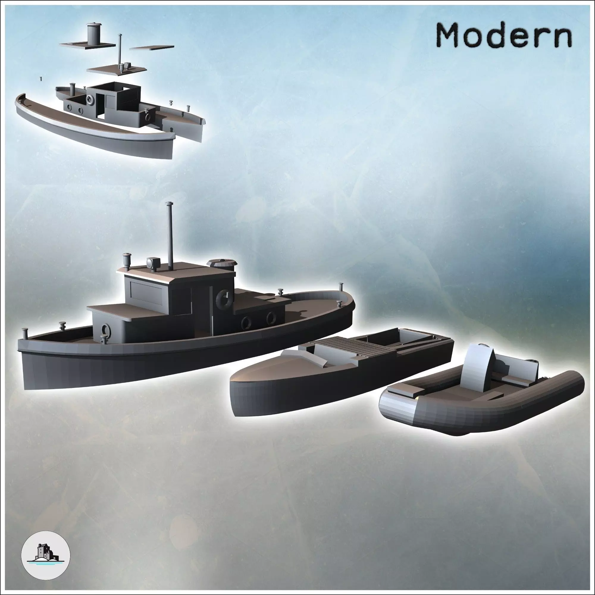 Set of three boats with canoe and ship 1 - Modern WW2 WW1 World 3D print model_0