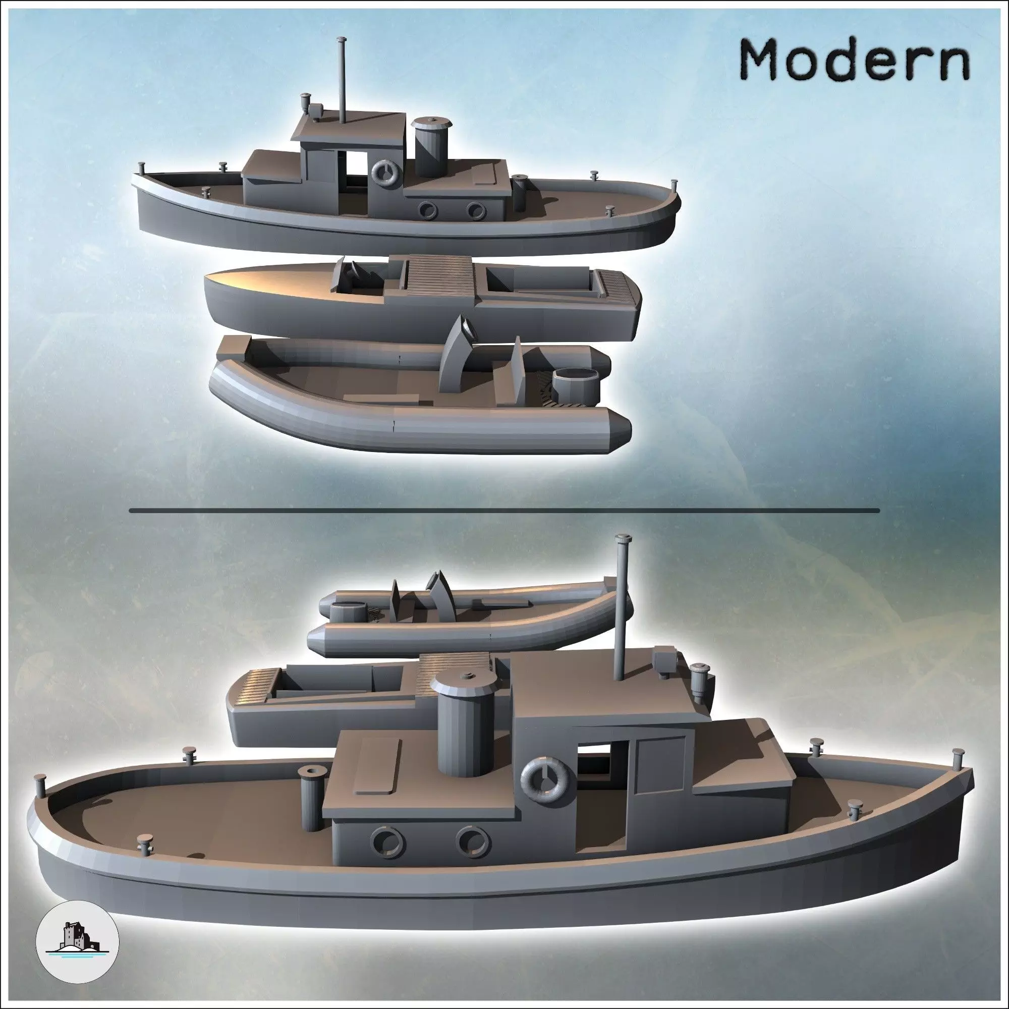 Set of three boats with canoe and ship 1 - Modern WW2 WW1 World 3D print model_2