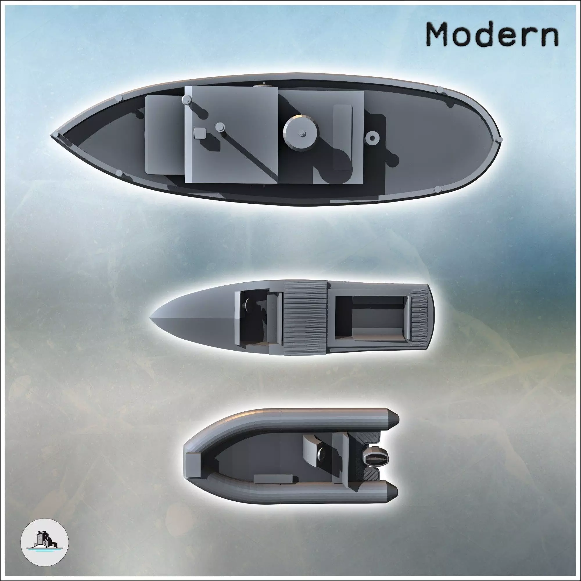 Set of three boats with canoe and ship 1 - Modern WW2 WW1 World 3D print model_4