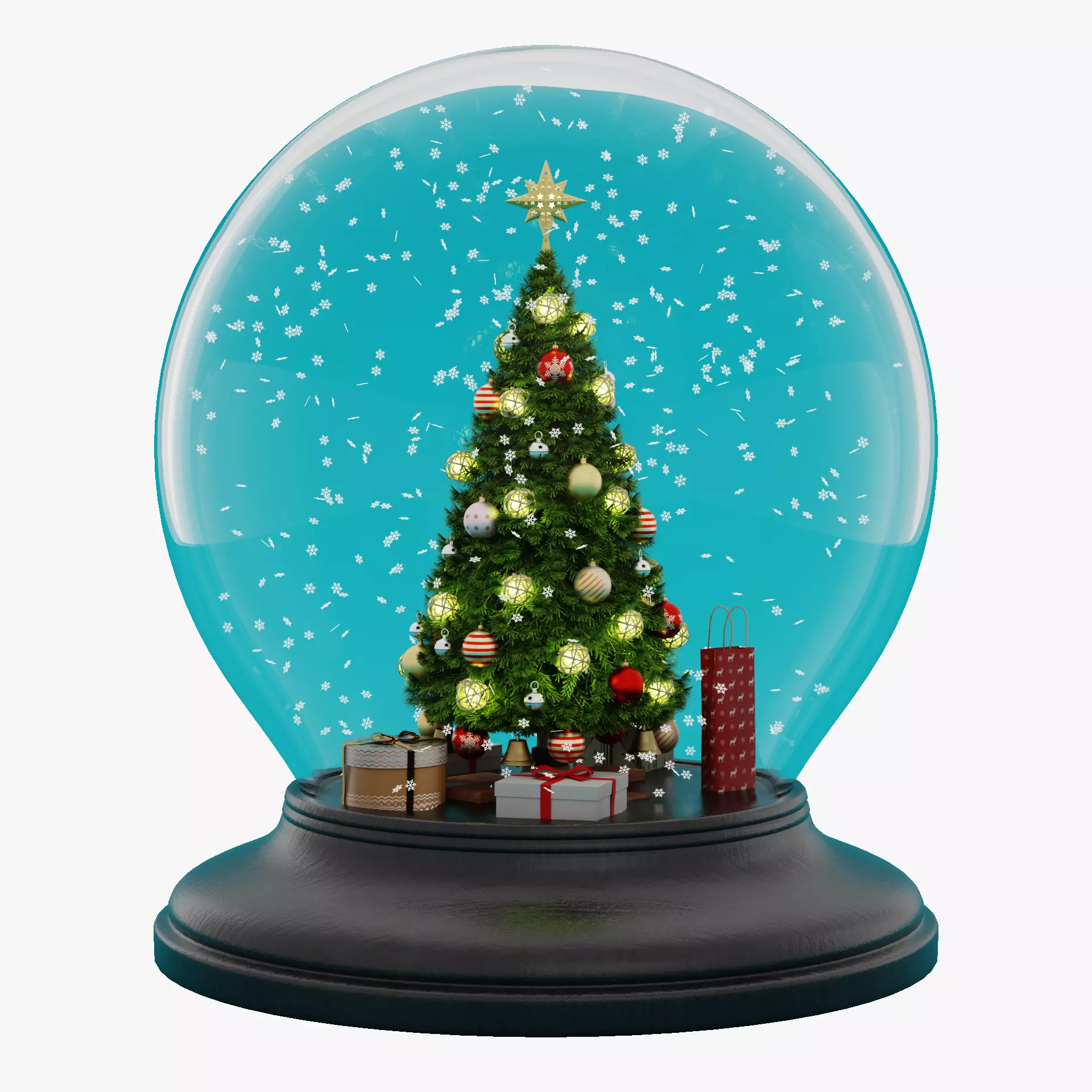 Snow Globe with Christmas Tree Gifts and Snowflakes Low-poly 3D model_16