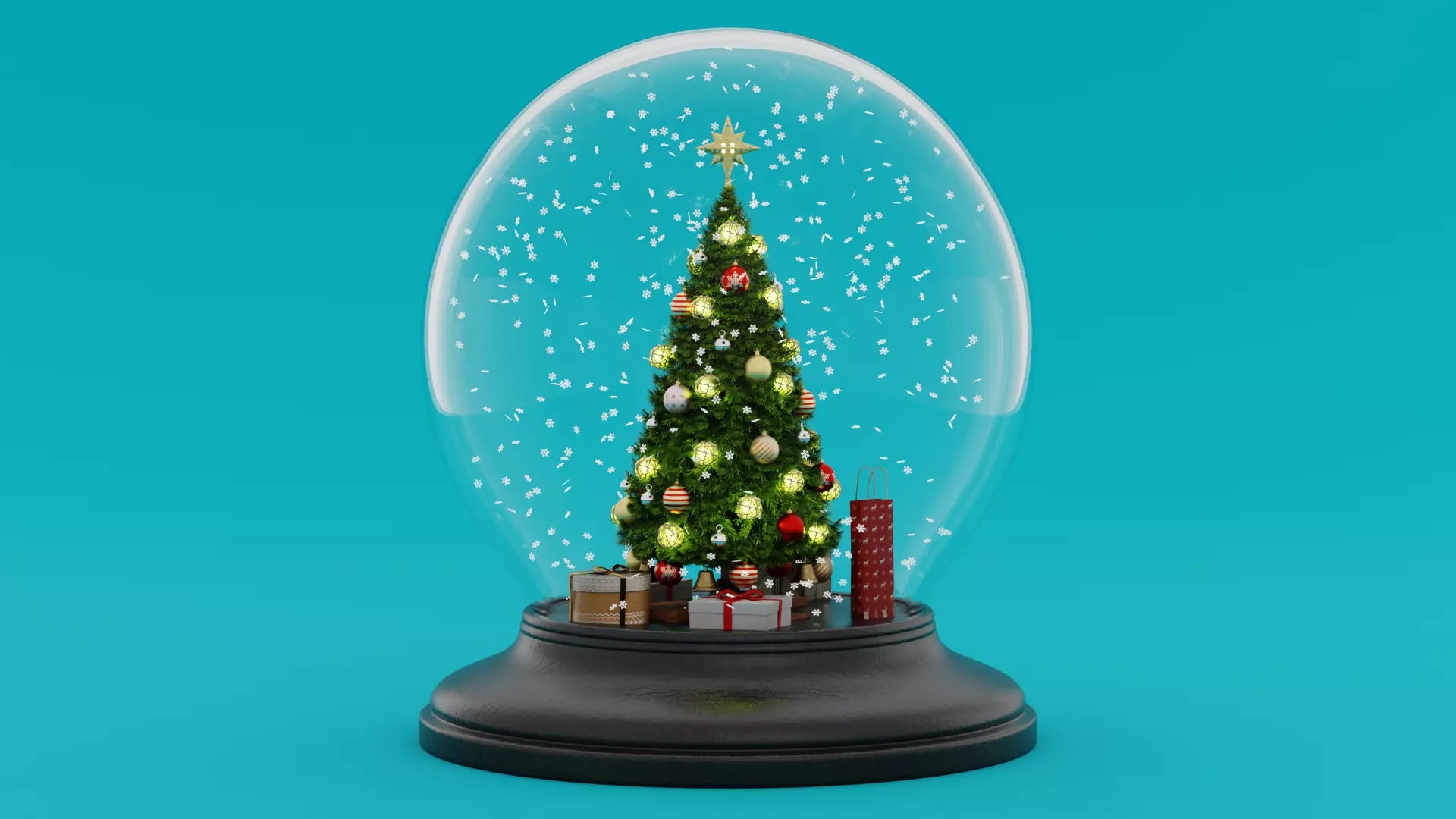 Snow Globe with Christmas Tree Gifts and Snowflakes Low-poly 3D model_0