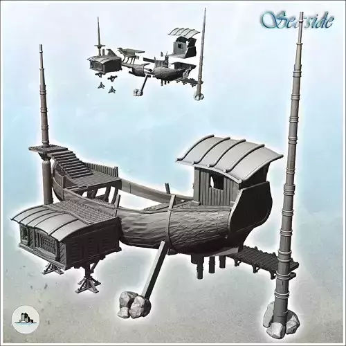 Dwelling in wooden boat hull with masts and pontoons 1 - Pirate 