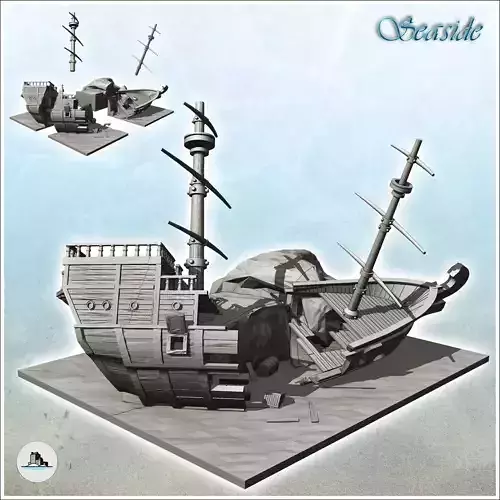 Carcass of wooden galleon on rock with two masts 2 - Pirate Jung