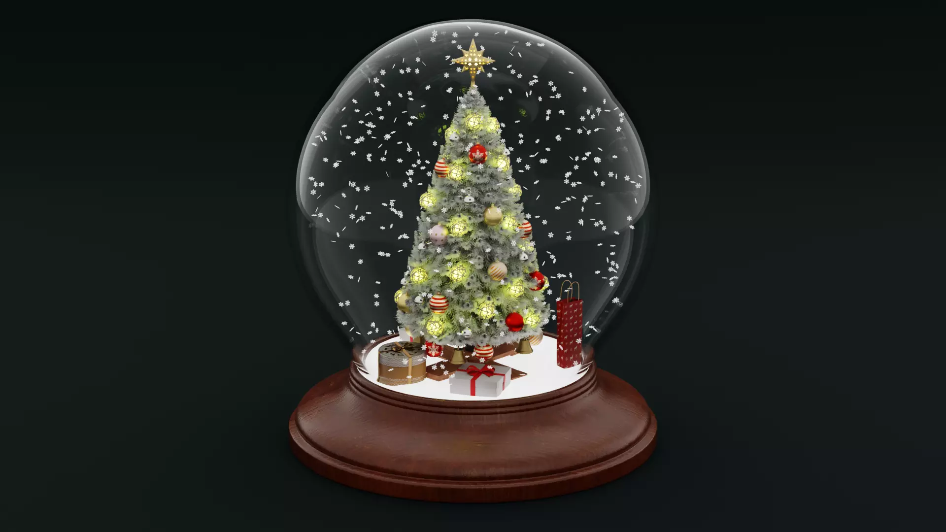 Snow Globe with Tree Gifts and Falling Snowflakes - Animated Low-poly 3D model_3