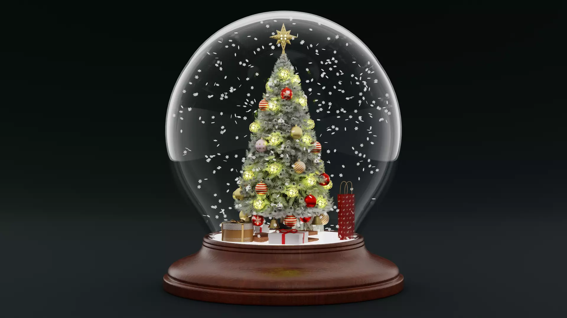 Snow Globe with Tree Gifts and Falling Snowflakes - Animated Low-poly 3D model_0