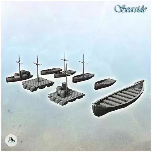 Set of medieval wooden boats with rowing boats and rafts 4 - Pir