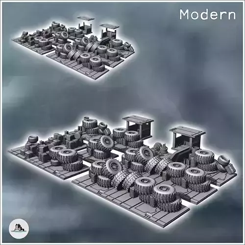 Set of tire barricades with crates and two sheltered shacks 1 - 